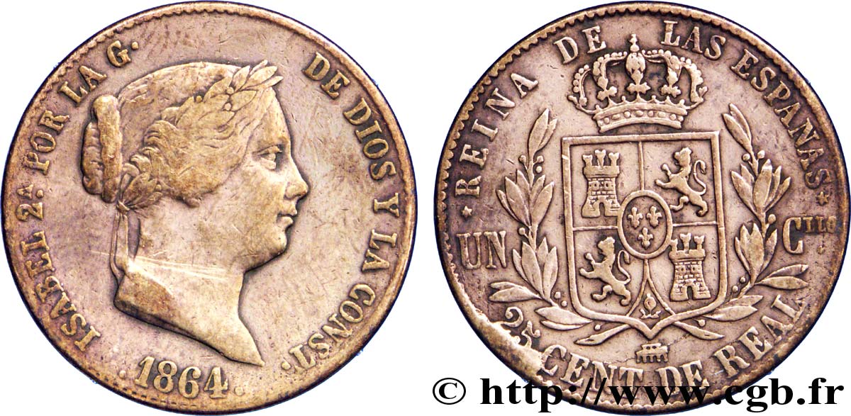 SPAGNA 25 Centimos de Real (Cuartillo) Isabelle II / écu couronné 1864 Ségovie MB 