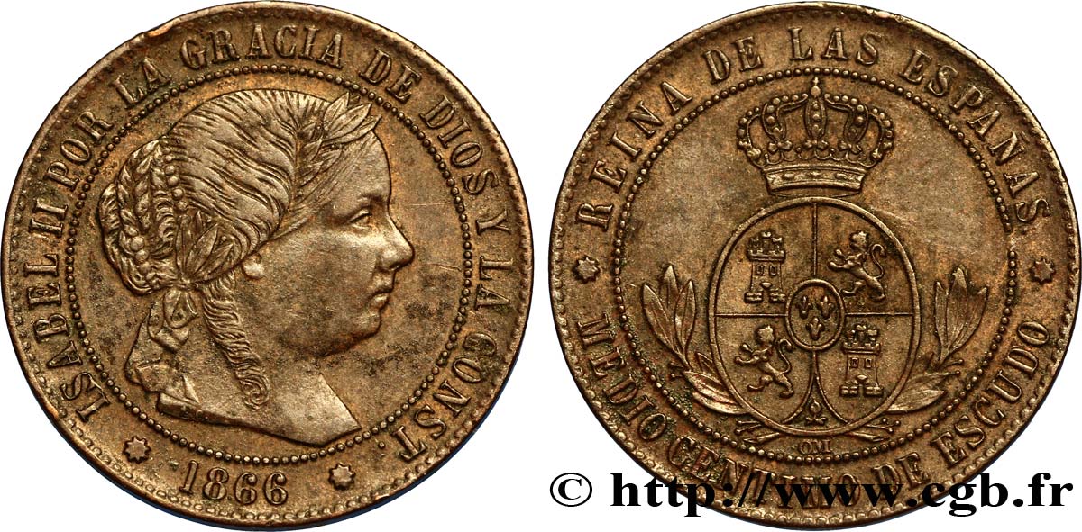 SPANIEN 1/2 (medio) Centimo de Escudo Isabelle II / écu couronné 1866 Oeschger Mesdach & CO VZ 