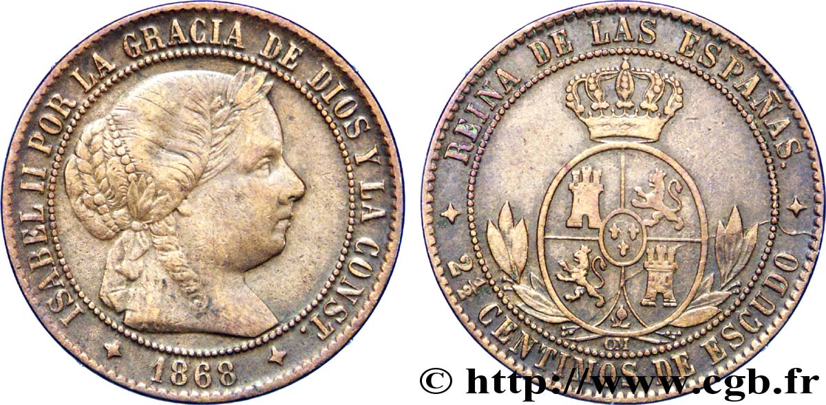 SPAGNA 2 1/2 Centimos de Escudo Isabelle II / écu couronné 1868 Oeschger Mesdach & CO BB 
