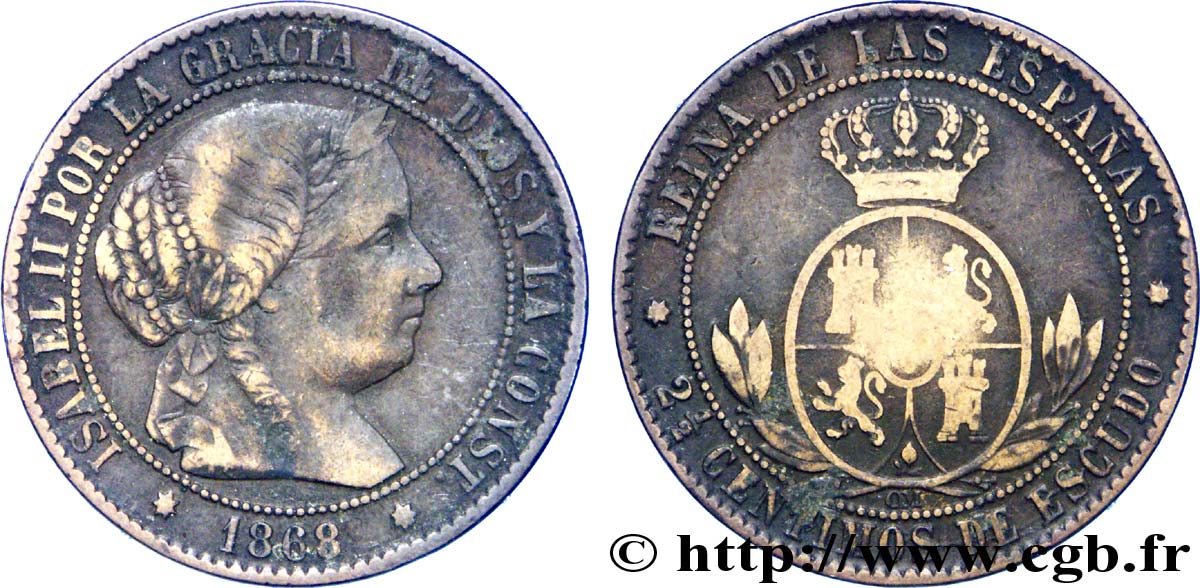 ESPAÑA 2 1/2 Centimos de Escudo Isabelle II / écu couronné 1868 Oeschger Mesdach & CO BC 