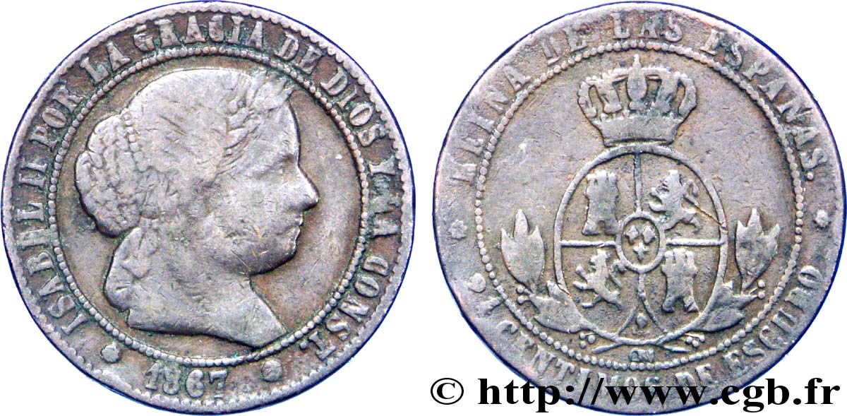 SPAIN 2 1/2 Centimos de Escudo Isabelle II / écu couronné 1867 Oeschger Mesdach & CO VF 