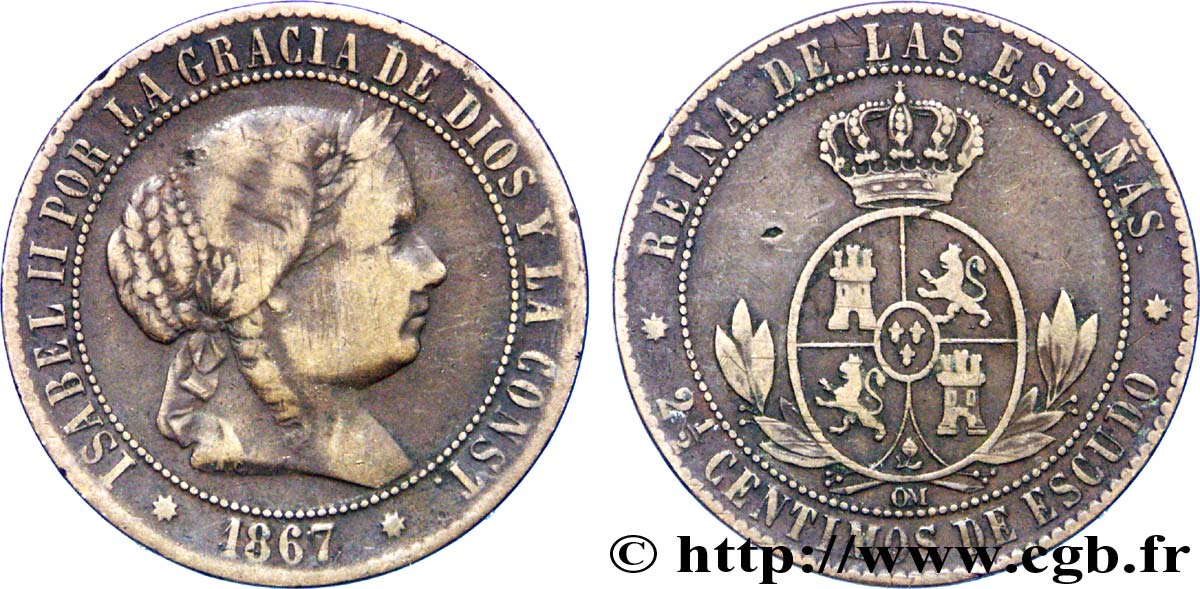 SPAIN 2 1/2 Centimos de Escudo Isabelle II / écu couronné 1867 Oeschger Mesdach & CO VF 