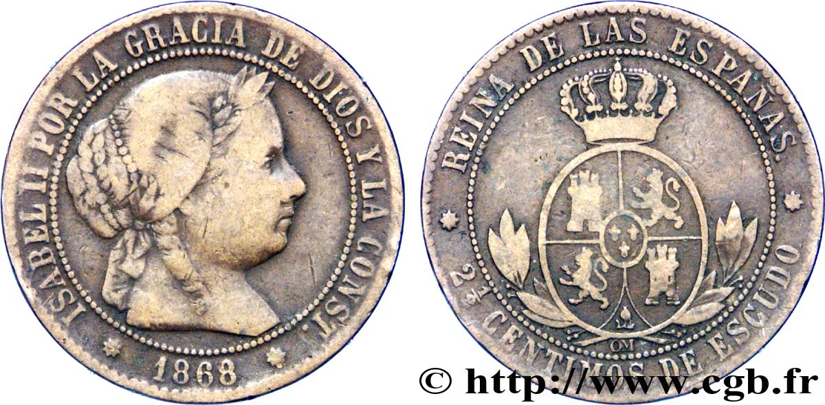SPAIN 2 1/2 Centimos de Escudo Isabelle II / écu couronné 1868 Oeschger Mesdach & CO VF 