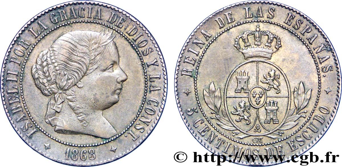 SPANIEN 5 Centimos de Escudo Isabelle II / écu couronné 1868 Oeschger Mesdach & CO fVZ 