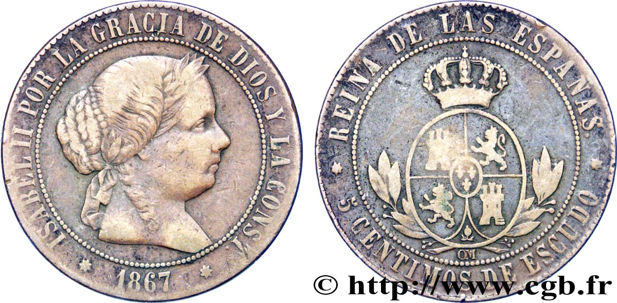 ESPAÑA 5 Centimos de Escudo Isabelle II / écu couronné 1867 Oeschger Mesdach & CO BC+ 