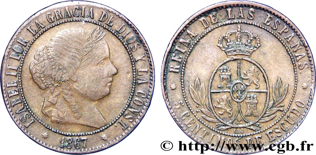 ESPAÑA 5 Centimos de Escudo Isabelle II / écu couronné 1867 Oeschger Mesdach & CO MBC 