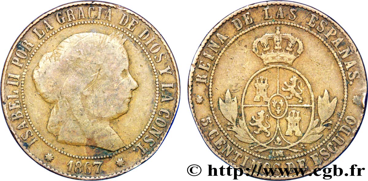 SPAGNA 5 Centimos de Escudo Isabelle II / écu couronné 1867 Oeschger Mesdach & CO q.MB 