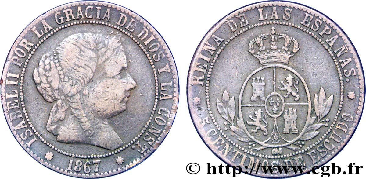 SPAIN 5 Centimos de Escudo Isabelle II / écu couronné 1867 Oeschger Mesdach & CO VF 