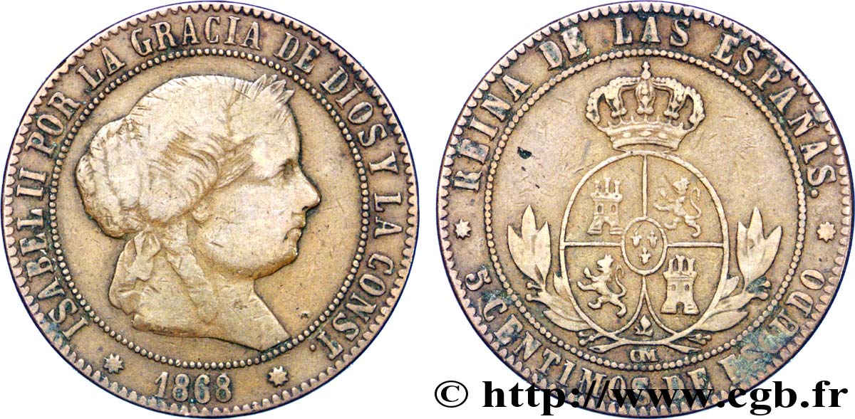 SPAIN 5 Centimos de Escudo Isabelle II / écu couronné 1868 Oeschger Mesdach & CO VF 