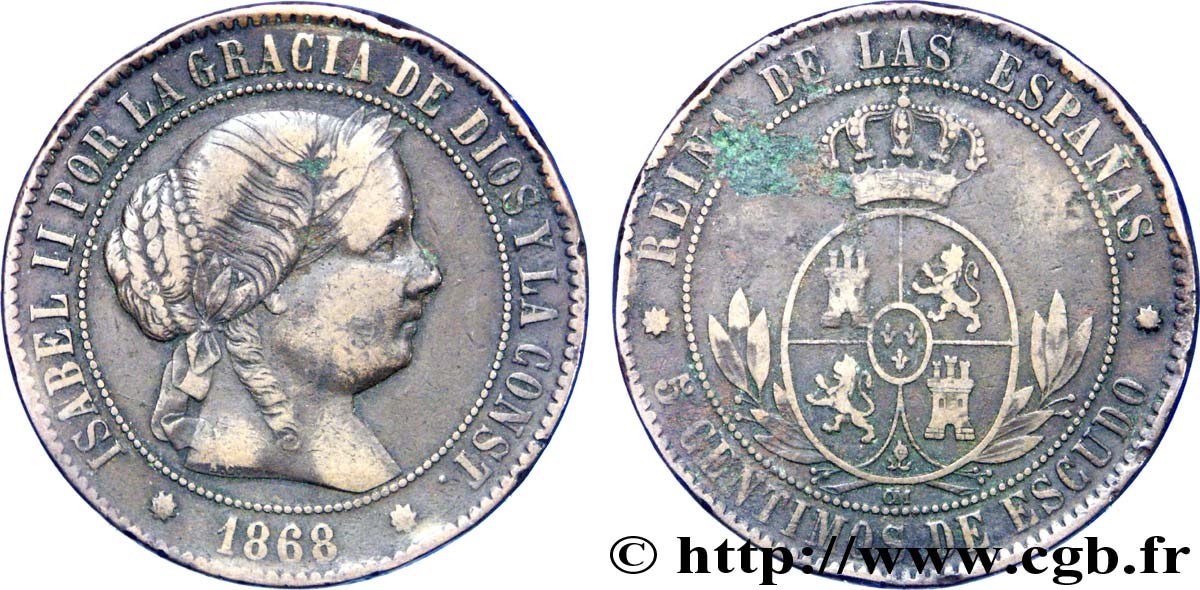 ESPAÑA 5 Centimos de Escudo Isabelle II / écu couronné 1868 Oeschger Mesdach & CO BC+ 