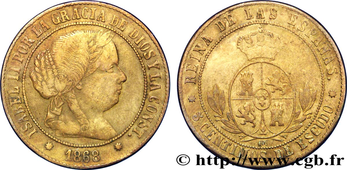 SPANIEN 5 Centimos de Escudo Isabelle II / écu couronné 1868 Oeschger Mesdach & CO SS 