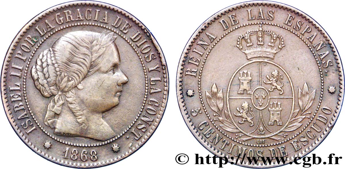 SPANIEN 5 Centimos de Escudo Isabelle II / écu couronné 1868 Oeschger Mesdach & CO fVZ 