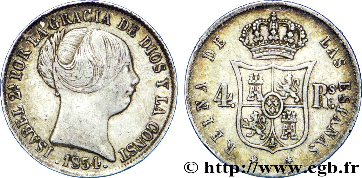 SPAIN 4 Reales Isabelle II / écu couronné 1854 Madrid XF 