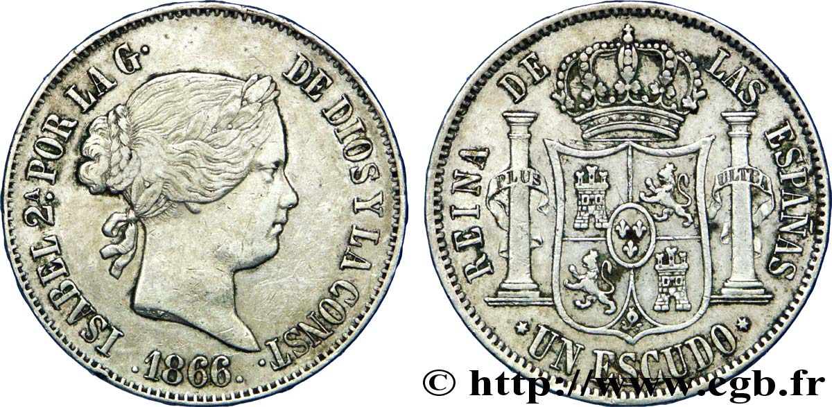 SPAIN 1 Escudo Isabelle II / écu couronné 1866 Madrid XF 