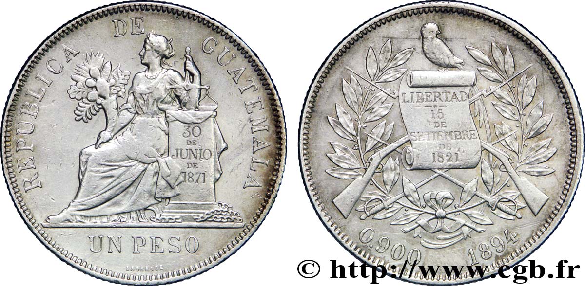 GUATEMALA 1 Peso emblème au quetzal / figure allégorique 1894 Heaton BB 
