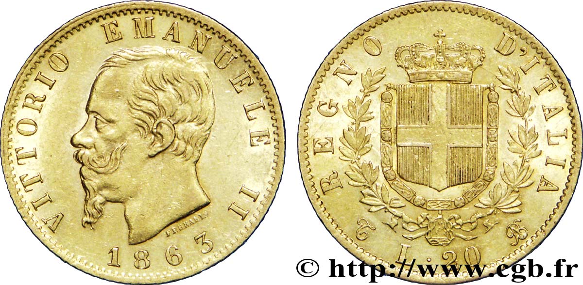 ITALIA 20 Lire Victor Emmanuel II  1863 Turin  EBC 