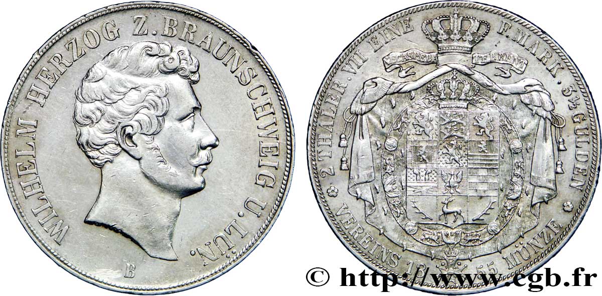 GERMANIA - BRUNSWICK 2 Thaler Guillaume VIII duc de Brunswick-Lunebourg / manteau d’armes couronnées 1855 Brunswick - B  SPL 