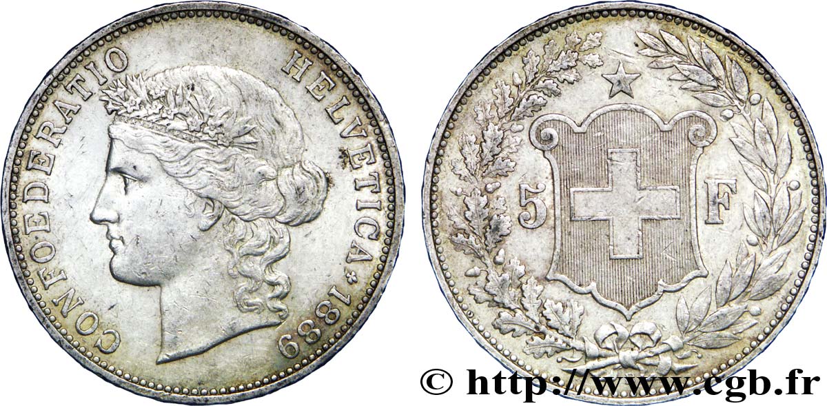 SCHWEIZ 5 Francs Helvetia buste 1889 Berne - B SS 
