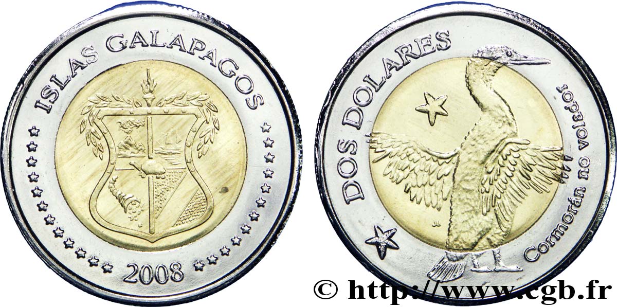 ISOLE GALAPAGOS 2 Dolares emblème / cormoran 2008  MS 