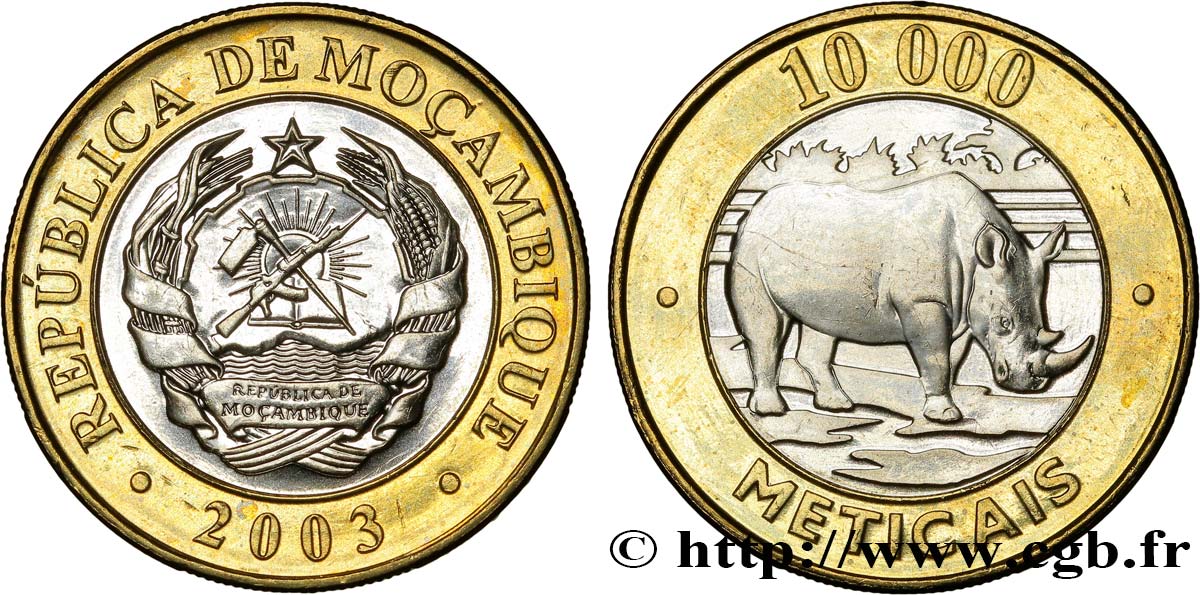 MOZAMBIQUE 10.000 Meticais rhinocéros 2003  MS 