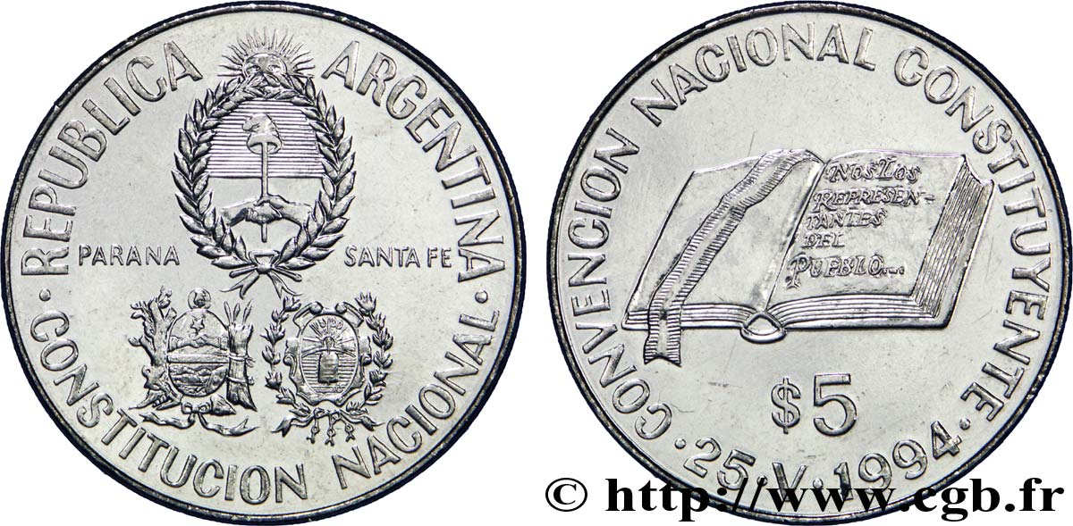 ARGENTINE 5 Pesos emblèmes / convention constituante du 25 mai 1994 1994  SUP 