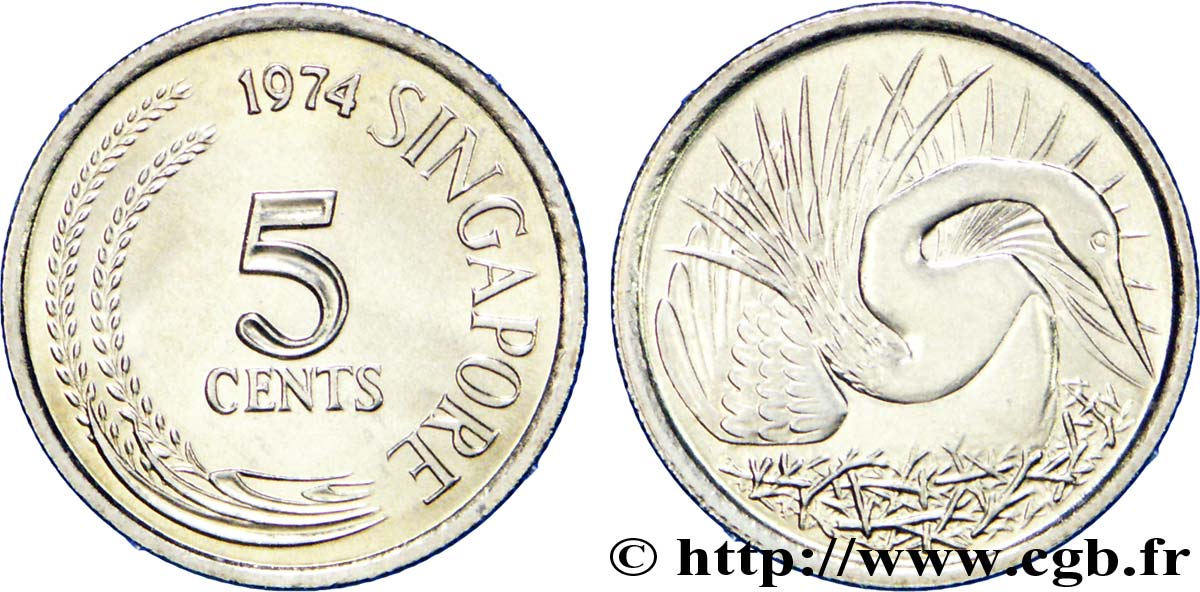 SINGAPOUR 5 Cents grande aigrette blanche 1974  SPL 
