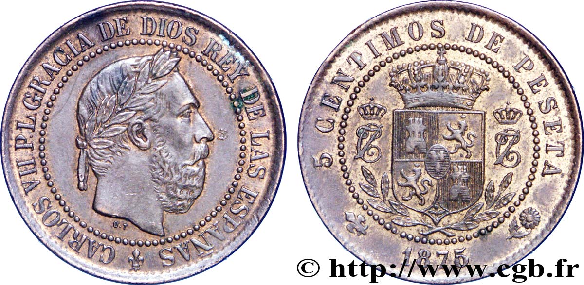 SPAIN 5 Centimos Charles VII (Charles de Bourbon, prétendant carliste) 1875  AU 