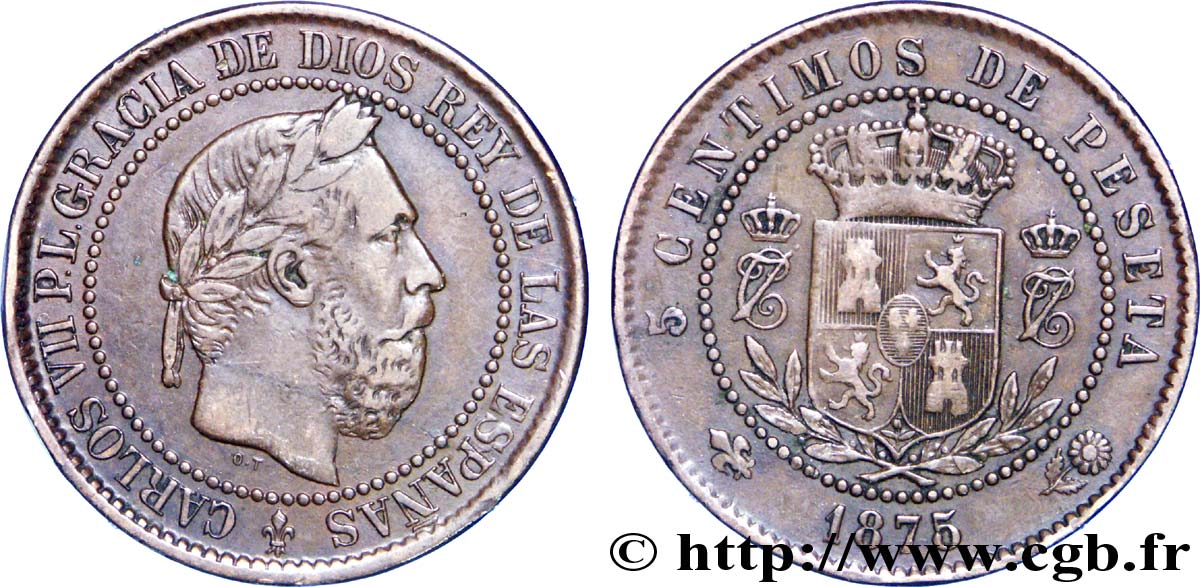 SPANIEN 5 Centimos Charles VII (Charles de Bourbon, prétendant carliste) 1875  fVZ 