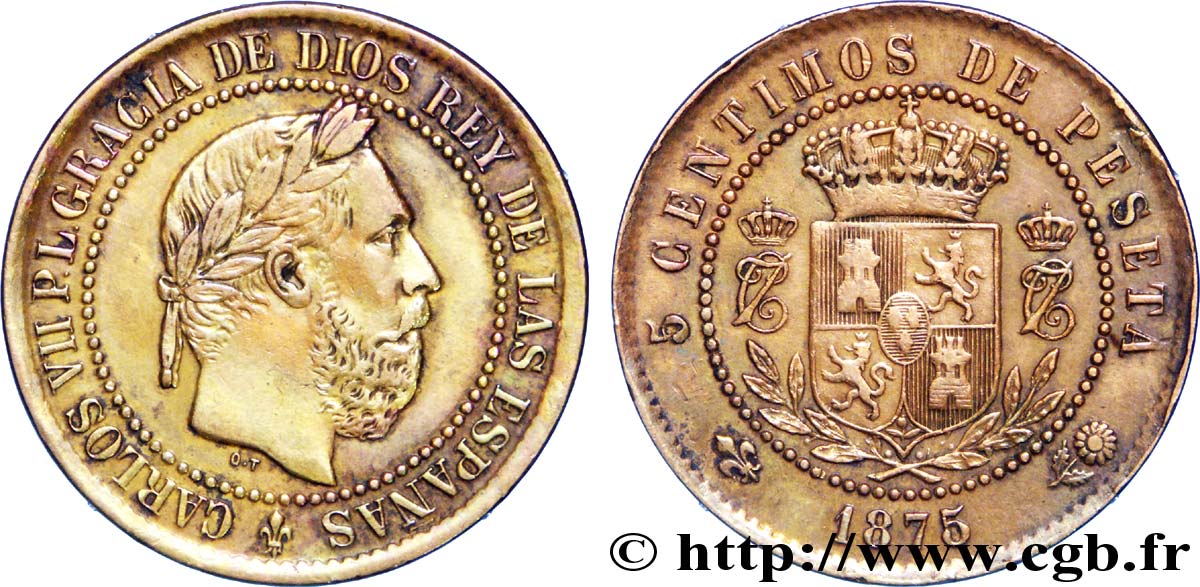 SPAIN 5 Centimos Charles VII (Charles de Bourbon, prétendant carliste) 1875  AU 