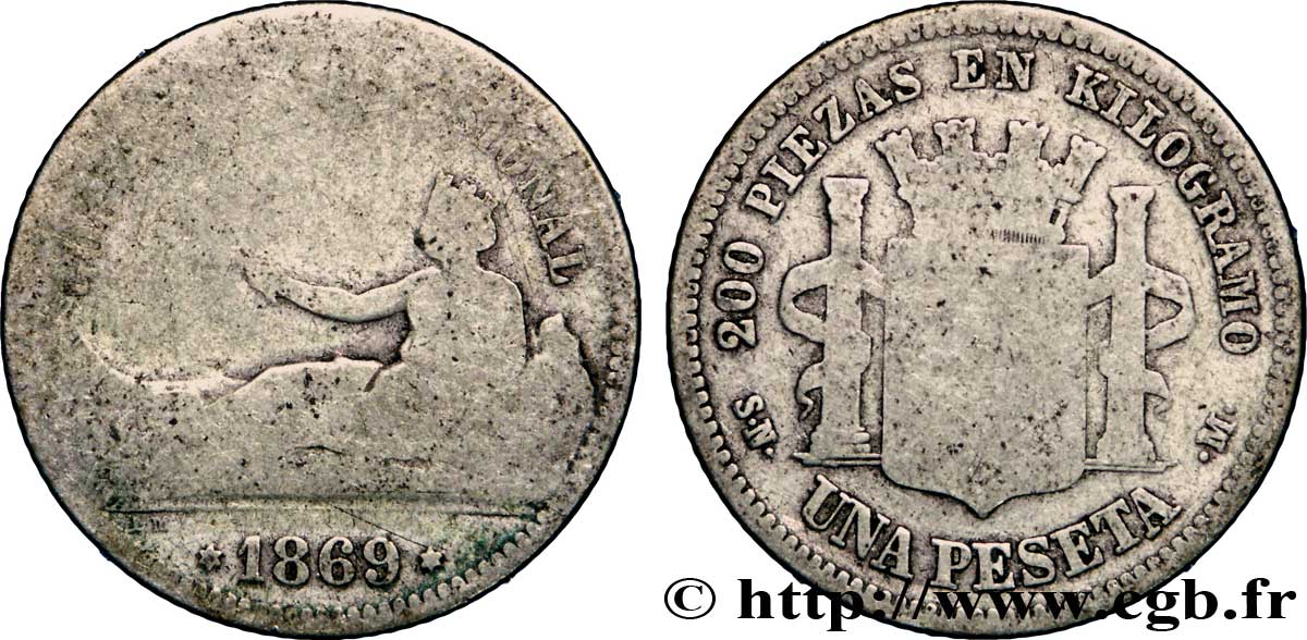 ESPAÑA 1 Peseta monnayage provisoire (1869) avec mention “Gobierno Provisional” 1869 Madrid RC 