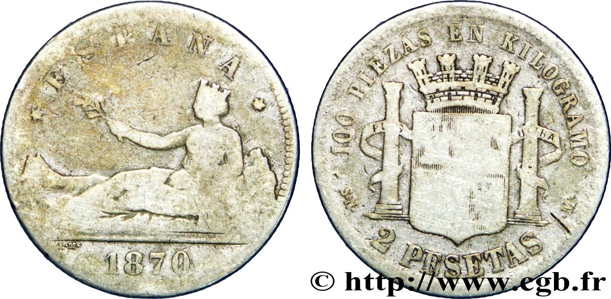 SPAIN 2 Pesetas “ESPAÑA” allongée / emblème (1870)  1870 Madrid VG 