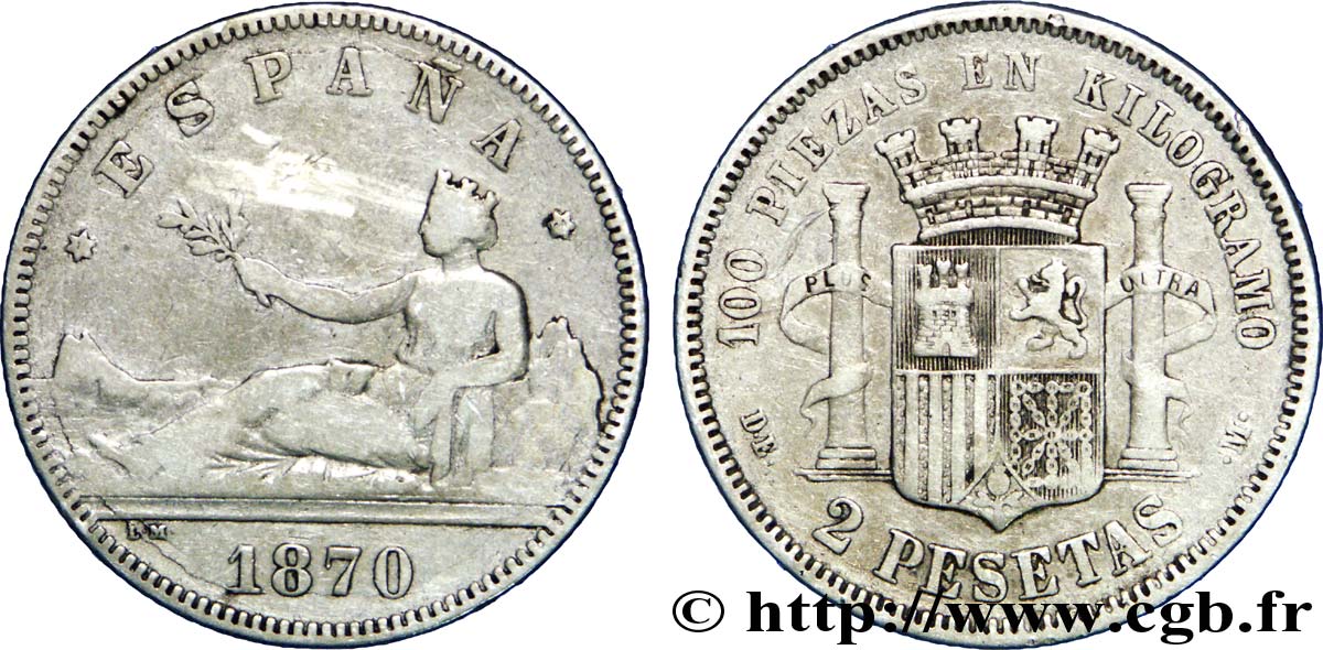 ESPAÑA 2 Pesetas “ESPAÑA” allongée / emblème (1875) 1870 Madrid BC 