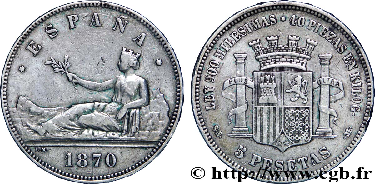SPAGNA 5 Pesetas “ESPAÑA” allongée / emblème 1870 Madrid MB 