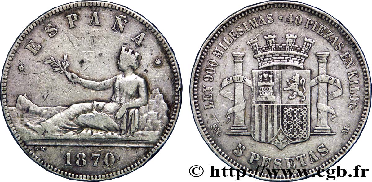ESPAÑA 5 Pesetas “ESPAÑA” allongée / emblème 1870 Madrid BC 