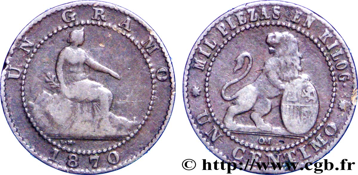 SPAIN 1 Centimo monnayage provisoire liberté assise / lion tenant un bouclier 1870 Oeschger Mesdach & CO VF 