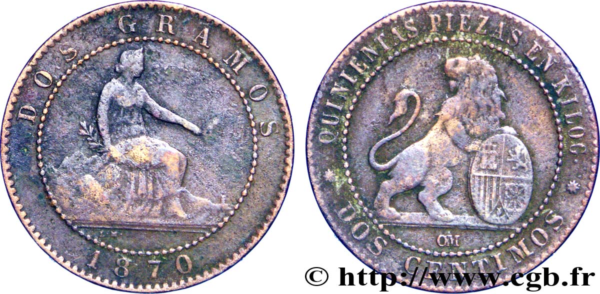 SPAIN 2 Centimos monnayage provisoire 1870 Oeschger Mesdach & CO VF 
