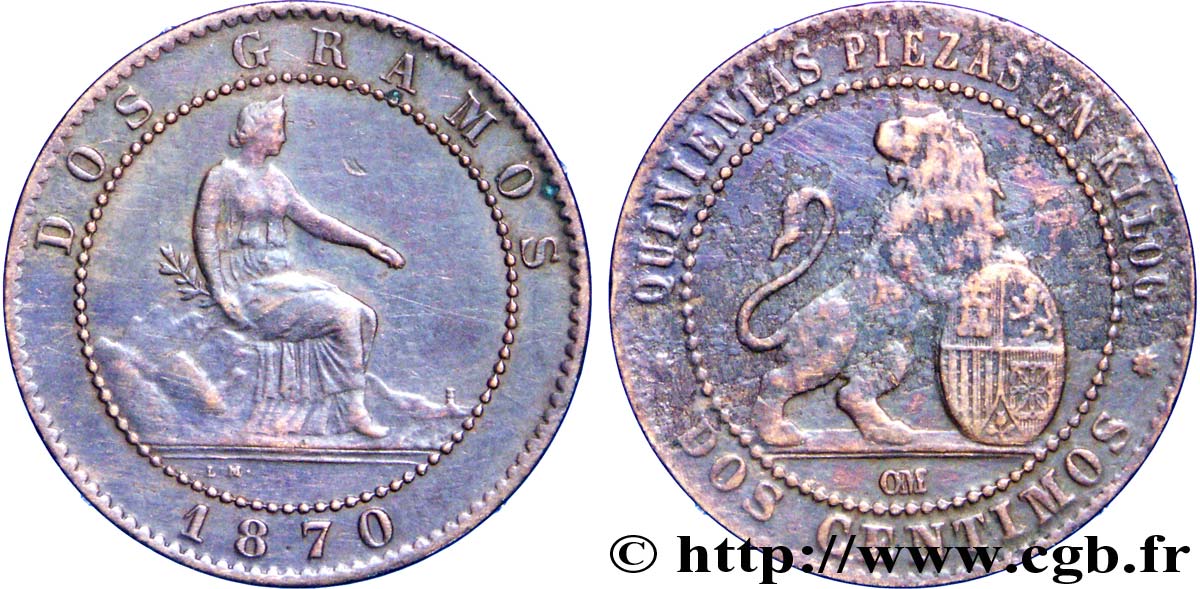 SPAIN 2 Centimos monnayage provisoire 1870 Oeschger Mesdach & CO XF 