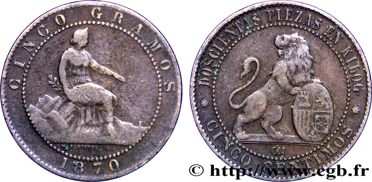 SPAIN 5 Centimos “ESPAÑA” assise / lion au bouclier 1870 Oeschger Mesdach & CO VF 