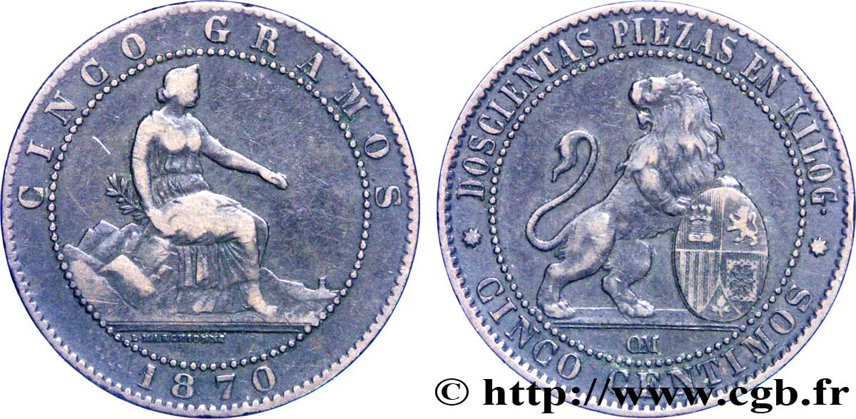 ESPAGNE 5 Centimos “ESPAÑA” assise / lion au bouclier 1870 Oeschger Mesdach & CO TTB 