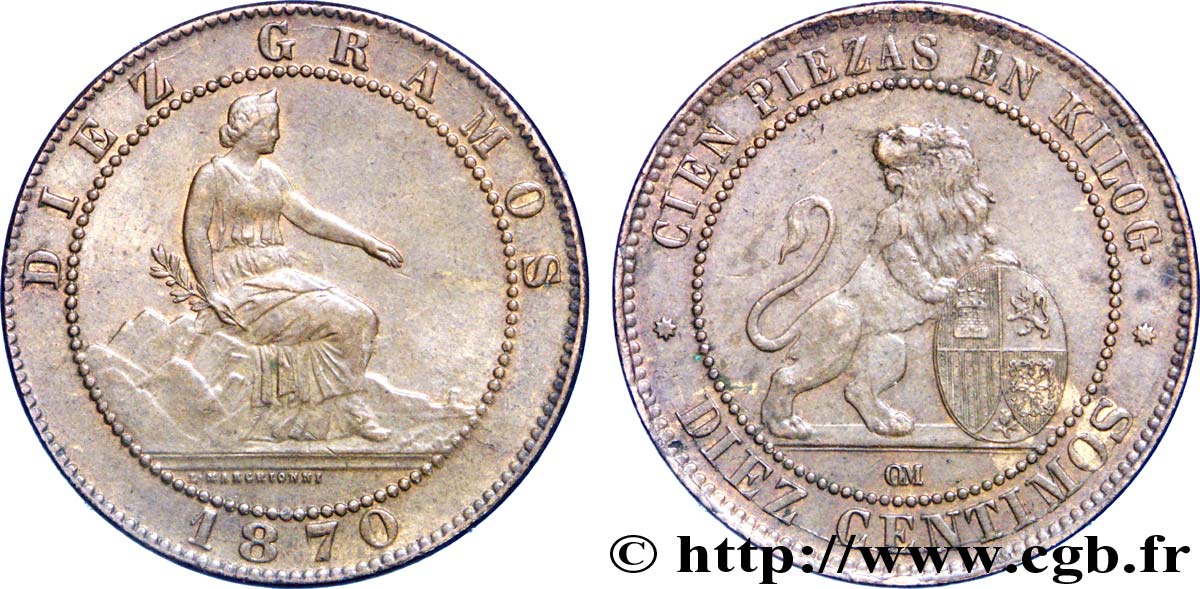 SPANIEN 10 Centimos monnayage provisoire “ESPAÑA” assise / lion au bouclier 1870 Oeschger Mesdach & CO VZ 