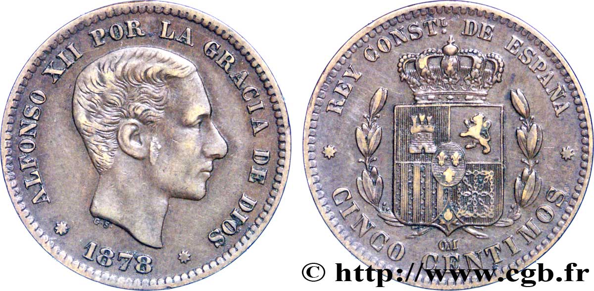 SPAIN 5 Centimos Alphonse XII / emblème couronné 1878 Oeschger Mesdach & CO XF 