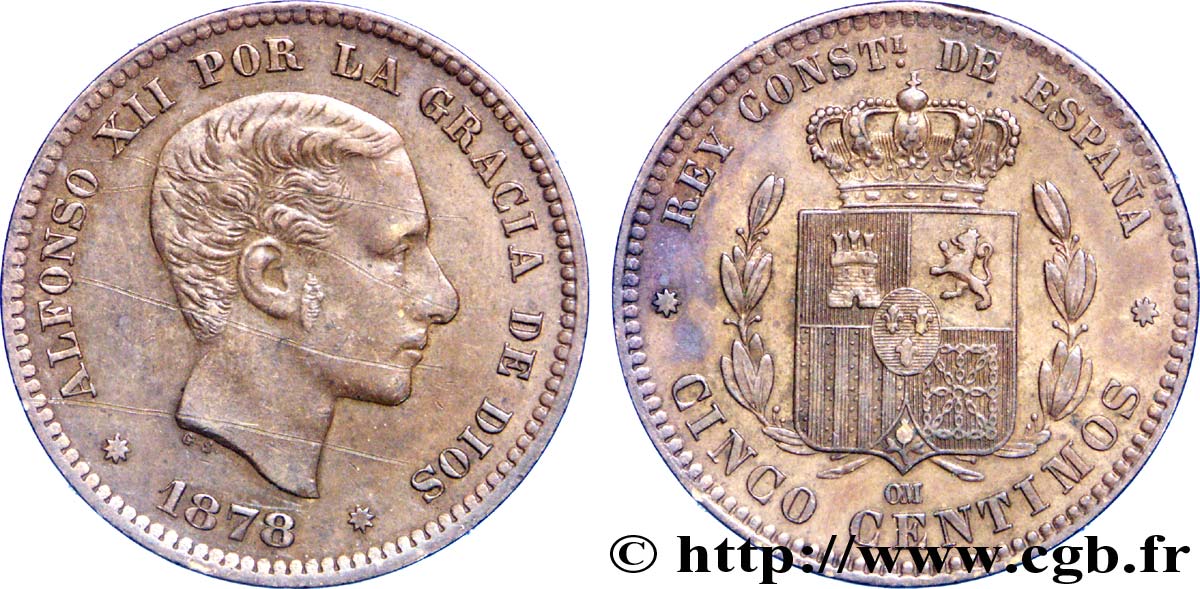 SPAIN 5 Centimos Alphonse XII / emblème couronné 1878 Oeschger Mesdach & CO AU 