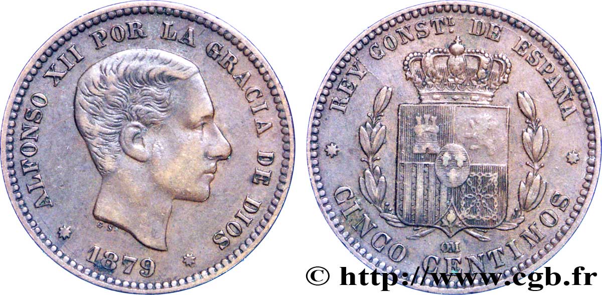 SPAIN 5 Centimos Alphonse XII 1879 Oeschger Mesdach & CO XF 
