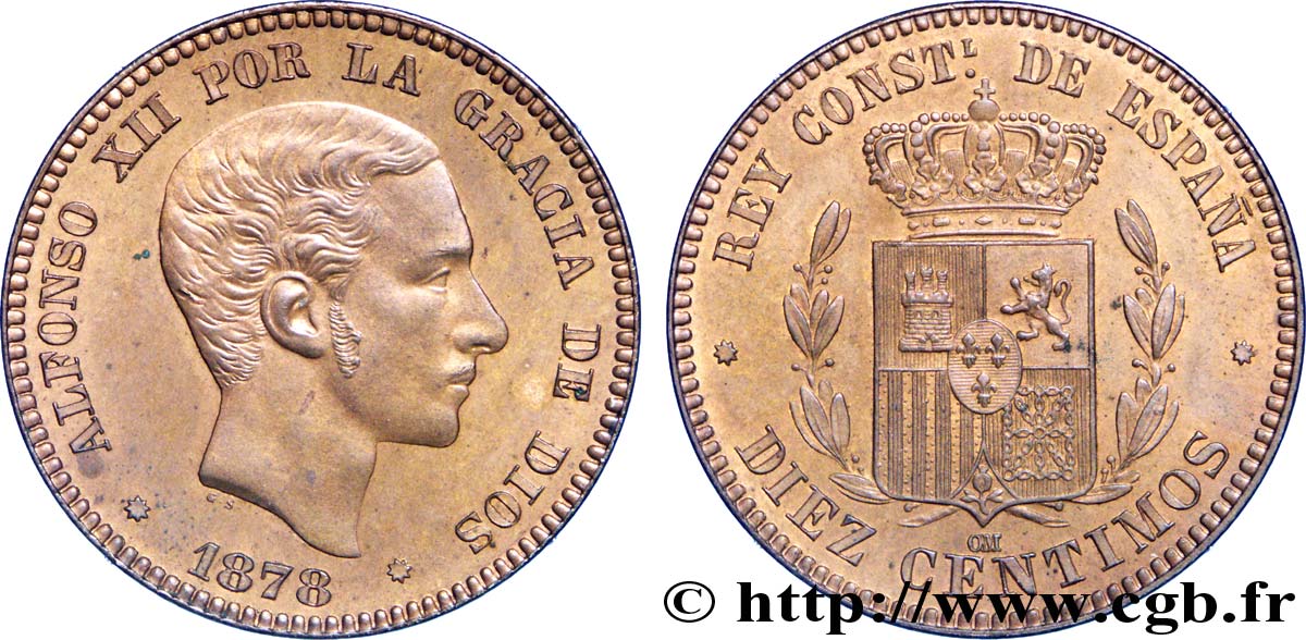 SPAIN 10 Centimos Alphonse XII 1878 Oeschger Mesdach & CO MS 