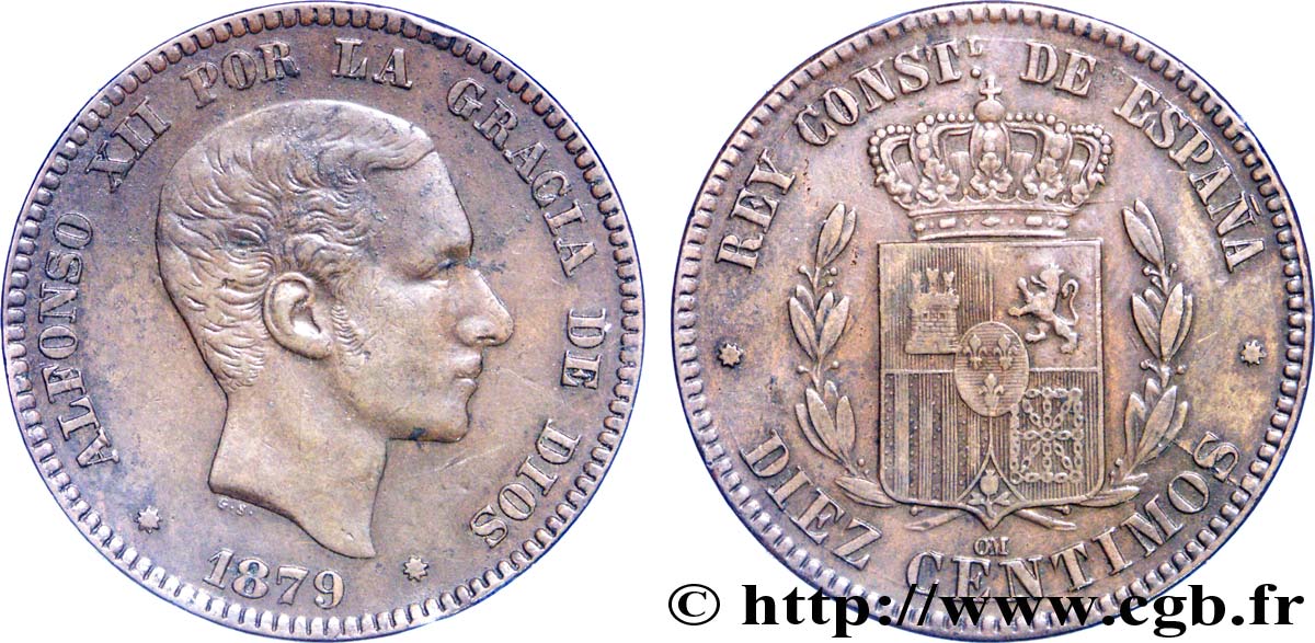 SPAIN 10 Centimos Alphonse XII 1879 Oeschger Mesdach & CO XF 