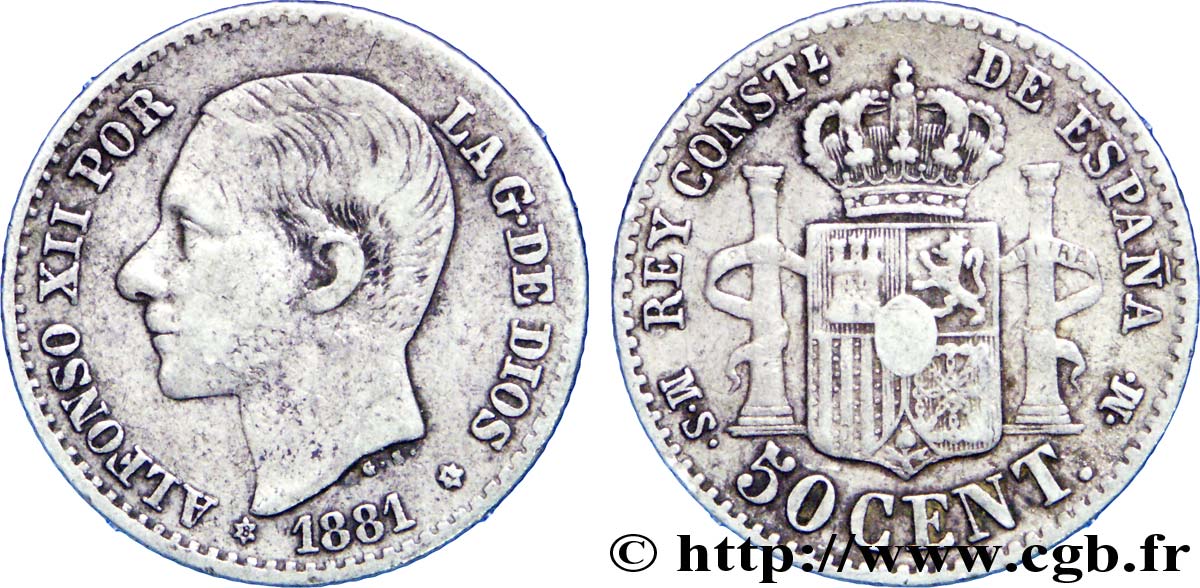 SPAIN 50 Centimos Alphonse XII (1881)  / emblème couronné 1881 Madrid VF 