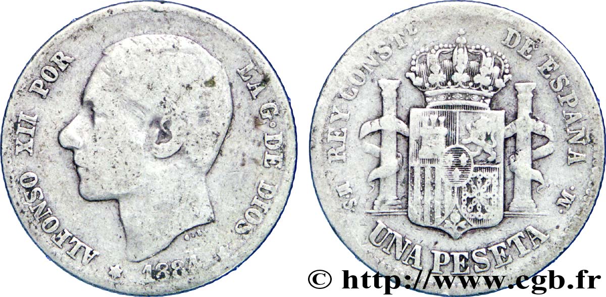 SPAGNA 1 Peseta Alphonse XII  / emblème couronné (84) 1884 Madrid B 