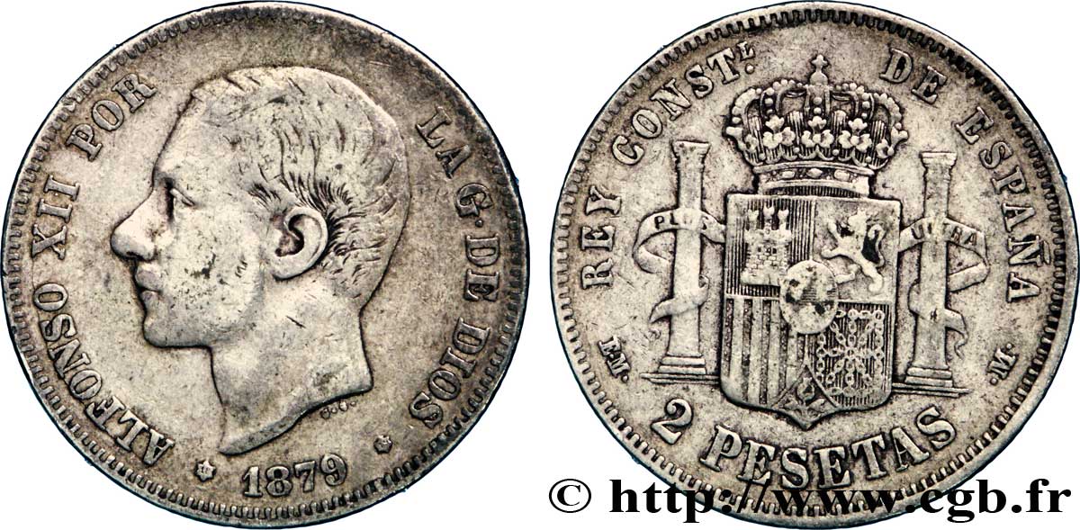 ESPAÑA 2 Pesetas Alphonse XII / emblème couronné (1879) 1879  BC+ 