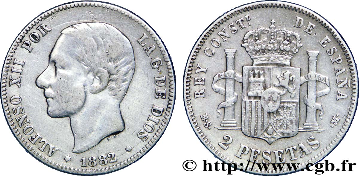 SPAGNA 2 Pesetas Alphonse XII / emblème couronné (1882) 1882  MB 