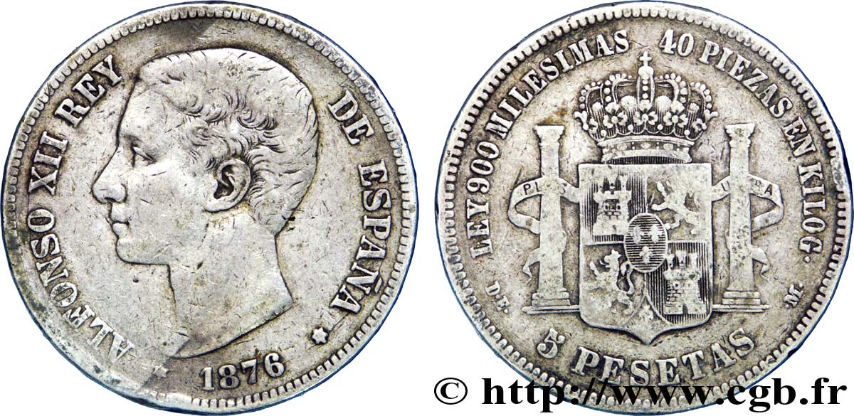 SPAIN 5 Pesetas Alphonse XII 1876 Madrid VF 